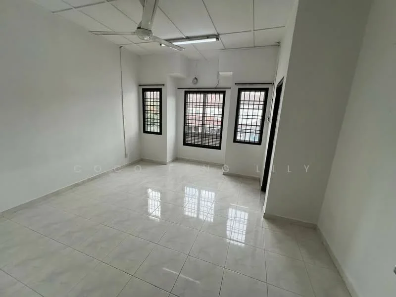 Room features: white painted walls, white ceiling, ceiling fan, black framed windows, tile flooring, multiple windows, natural light, light switch, doorway; style: modern.