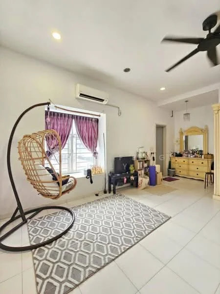 Living features: hanging rattan chair, white painted walls, ceiling fan, window with sheer curtains, grey patterned area rug, TV console, wooden dresser, air conditioning unit, decorative mirror, wall-mounted decor, light fixtures, storage items on dresser; style: modern.