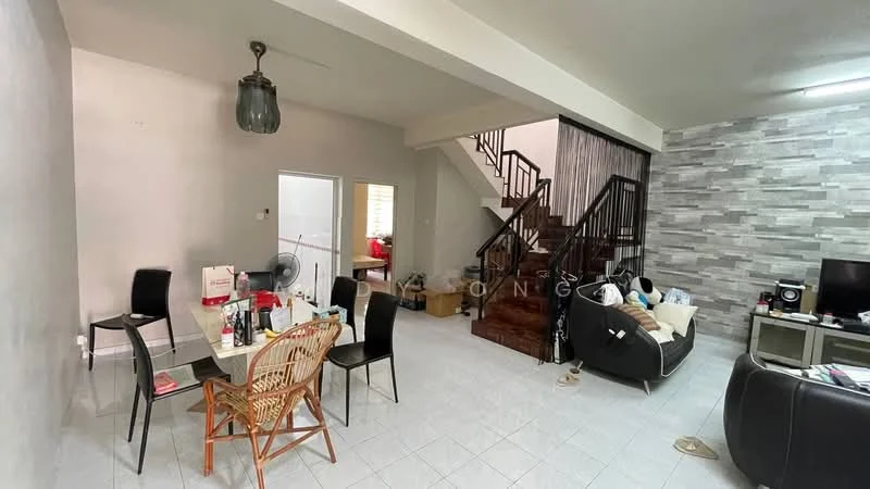 Living features: grey accent wall, white painted walls, tile flooring, sofa in black fabric, coffee table, TV console, wall-mounted TV, area rug, ceiling light fixture, staircase with wooden steps, dining table with chairs, fan, decorative items on table; style: modern.