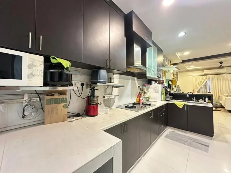 Kitchen features: dark wood cabinetry, white marble countertop, stainless-steel sink, chrome pull-down faucet, built-in microwave, freestanding range oven, kettle, blender, dishwasher, ceramic tile flooring, recessed downlights, wall-mounted cabinets, open shelving, decorative items on countertop; style: modern.