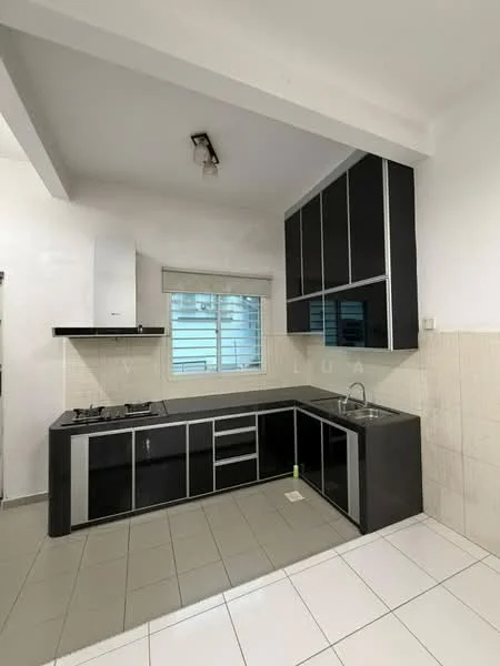Kitchen features: black cabinetry with glass-front upper cabinets, stainless-steel sink, chrome pull-down faucet, built-in gas hob, exhaust hood, white tiled backsplash, grey tiled flooring, window with blinds, recessed lighting, countertop with storage below; style: modern.