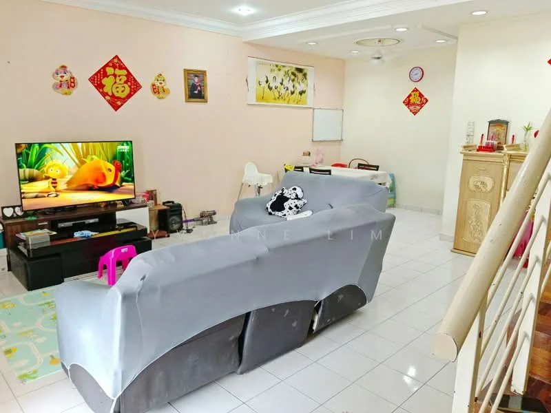 Living features: grey fabric sofa, TV console, wall-mounted TV, white tiled flooring, decorative wall art, ceiling rose, recessed lighting, white painted walls, decorative wall hangings, children's play mat, wooden cabinet, white plastic chair; style: modern.