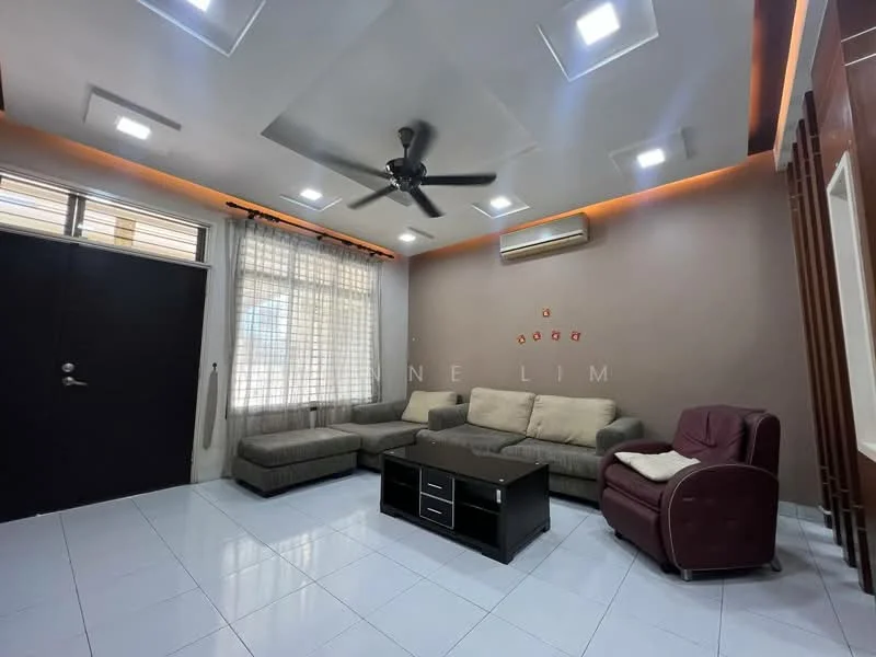 Living features: L-shape sectional sofa in beige, single armchair in maroon, coffee table with black surface, white tiled flooring, tray ceiling with recessed lighting, 5-blade ceiling fan, air conditioning unit on wall, floor-to-ceiling windows with sheer curtains, decorative wall with accent lighting, wall-mounted artwork; style: modern.