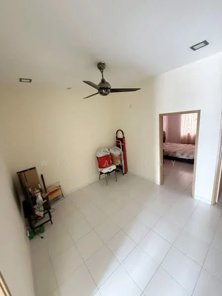 Room features: white painted walls, tile flooring, ceiling fan, window with natural light, doorway leading to another room, empty space, light fixtures in ceiling.