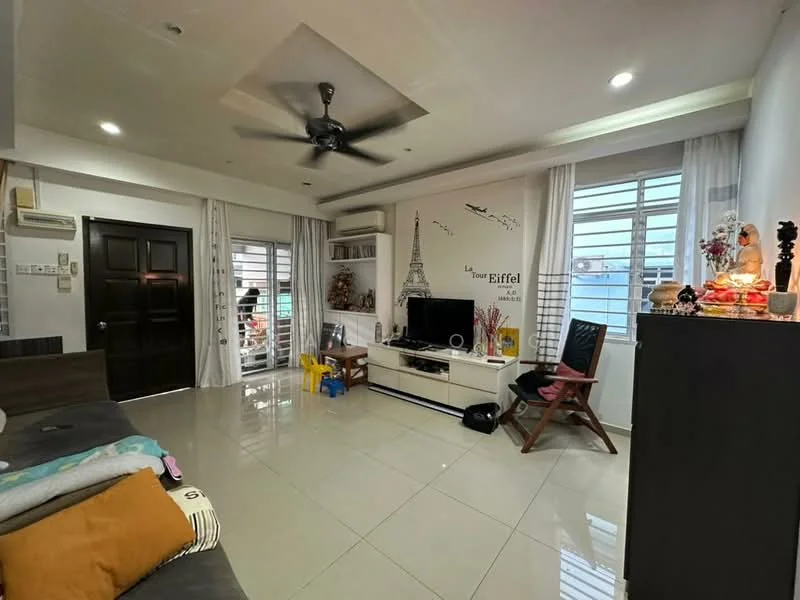 Living features: white painted walls, glossy tile flooring, 5-blade ceiling fan with light, floor-to-ceiling windows, sliding glass door, TV console, wall-mounted TV, decorative wall art, sofa with cushions, wooden chair, open shelving unit, curtains, decorative items on shelves; style: modern.