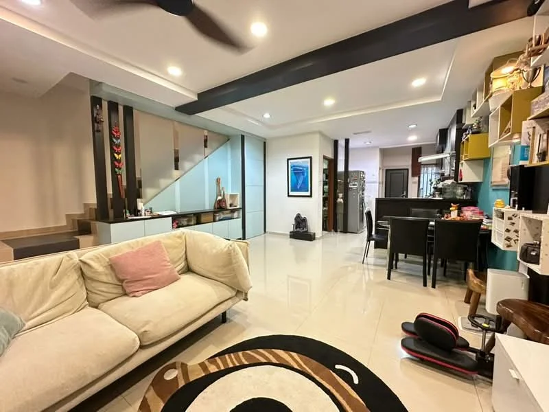 Living features: cream fabric sofa with pink cushion, area rug with animal print, recessed downlights, exposed beams, wall-mounted shelving unit, dining table with chairs, floor-to-ceiling windows, sliding glass door, tile flooring, decorative wall art; style: modern. Dining features: black dining table, four dining chairs, open shelving with decorative items; style: modern.