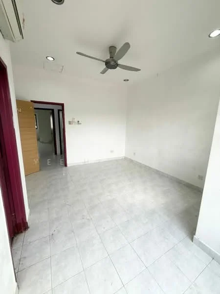 Room features: white painted walls, ceiling fan, tile flooring, recessed downlights, doorway leading to another room, window with natural light.