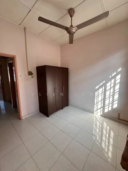 Room features: white painted walls, tile flooring, ceiling fan, built-in wardrobe, natural light from windows.