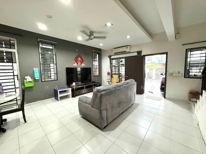 Living features: grey fabric 3-seater sofa, white tiled flooring, light grey painted walls, dark grey accent wall, wall-mounted TV, TV console, ceiling fan with light, large windows with black frames, air conditioning unit, decorative wall art, dining table with chairs, open layout to adjacent space; style: modern.