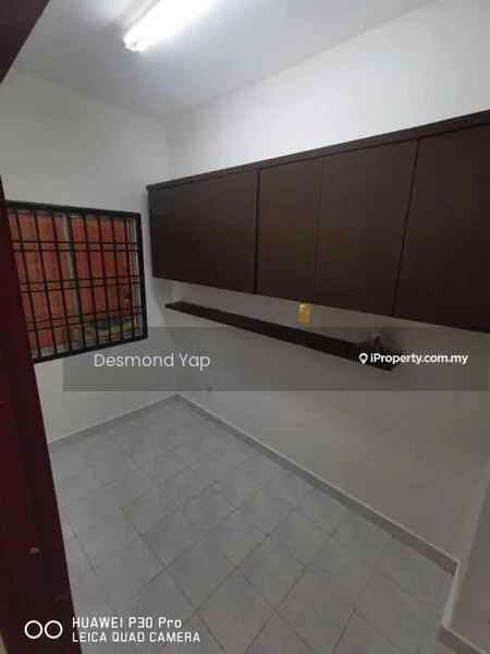 Laundry features: grey ceramic tile flooring, white painted walls, dark wood cabinetry, shelf above countertop, window with security bars, fluorescent ceiling light; style: modern.