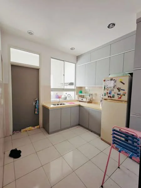 Kitchen features: grey cabinetry, laminate countertop, single-bowl stainless-steel sink, chrome pull-down faucet, built-in fridge, white tiled backsplash, ceramic tile flooring, window above sink, door leading to hallway, kitchen appliances visible, open shelving, stool with pink frame; style: modern.