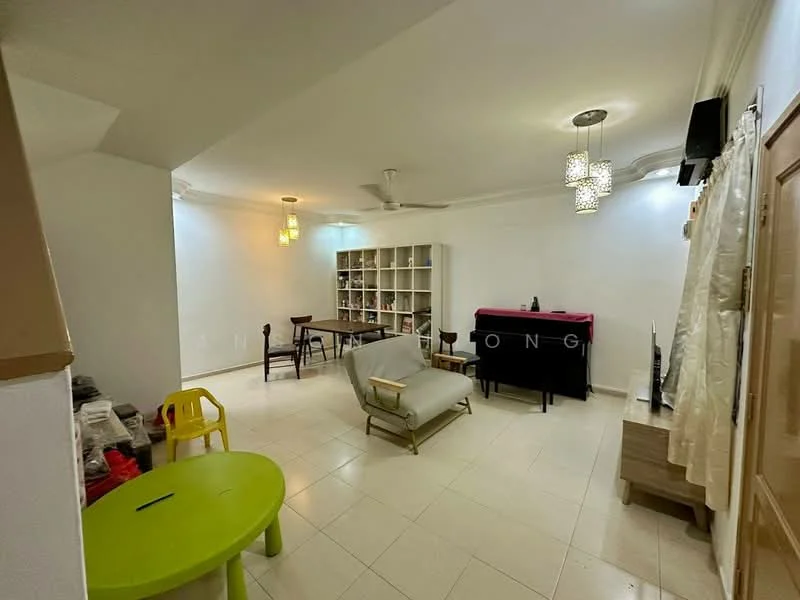 Living features: white painted walls, tile flooring, 2 ceiling fans, 2 pendant lights, sofa, dining table, bookshelf, television unit, decorative curtains, yellow plastic chair, green round table; style: modern.