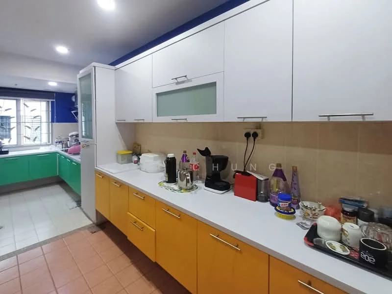 Kitchen features: white cabinetry with glass panels, yellow lower cabinets, green cabinetry on opposite wall, white countertop, tile backsplash, built-in sink, coffee machine, kettle, various kitchen utensils, multiple containers and jars, recessed lighting, tile flooring, window with natural light; style: modern.