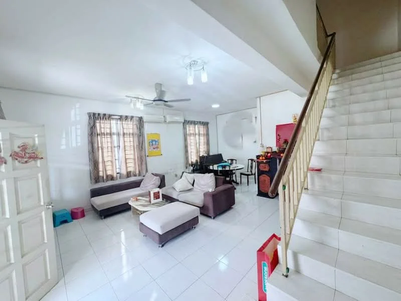 Living features: white painted walls, glossy white tile flooring, 5-blade ceiling fan with light, sofa in beige fabric, 2-seater fabric sofa, coffee table, TV console, wall-mounted TV, dining table, decorative wall art, curtains in grey, windows with natural light; style: modern. Room features: staircase with metal railing, white walls, natural light from windows.
