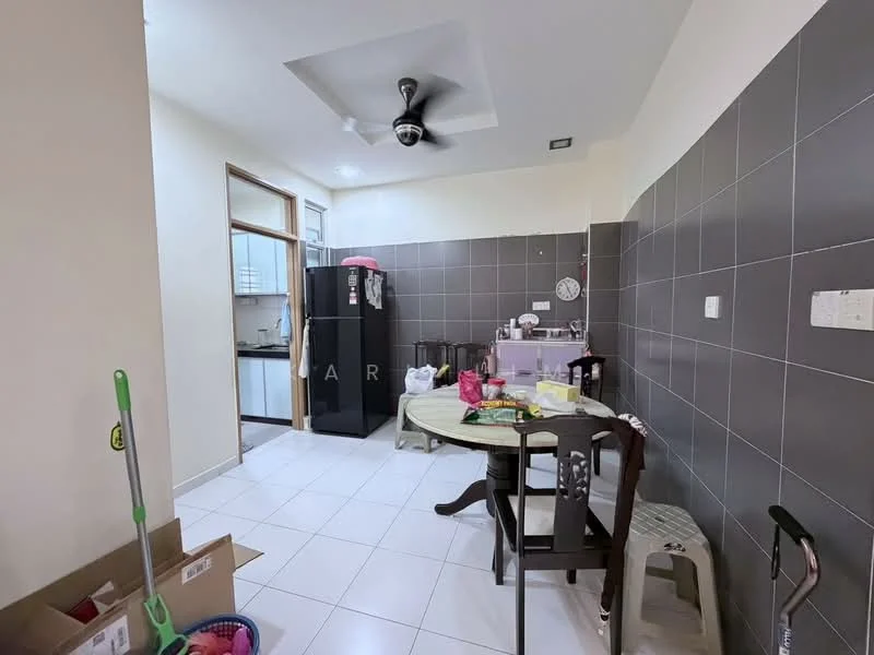 Kitchen features: white walls, grey tiled backsplash, white ceiling, 5-blade ceiling fan with light, round dining table, 4 dining chairs, black refrigerator, purple kitchen cabinet, countertop with clutter, ceramic tile flooring, open shelving, cleaning supplies visible; style: modern.