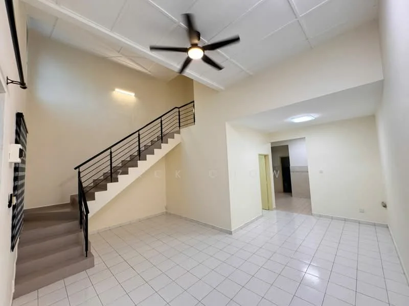 Living features: white painted walls, tile flooring, 5-blade ceiling fan with light, staircase with metal railing, recessed lighting, open layout, large windows, neutral color scheme; style: modern.