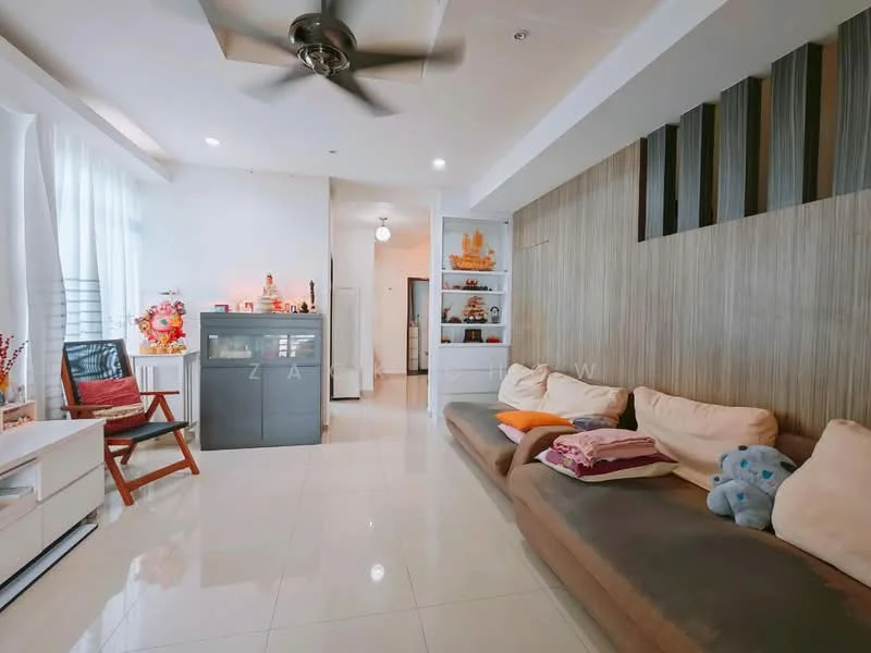 Living features: cream painted walls, wood accent wall, white ceiling, recessed downlights, 5-blade ceiling fan, large windows with sheer curtains, polished ceramic tile flooring, L-shape sectional sofa in brown, decorative cushions, coffee table, TV console, decorative shelves, houseplants in pots, framed artwork; style: modern.