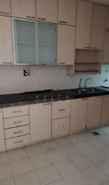 Kitchen features: light wood cabinetry, black granite countertop, single-bowl stainless-steel sink, chrome pull-down faucet, built-in upper cabinets with glass doors, lower cabinets with drawers, tile flooring, wall-mounted electrical outlets; style: modern.