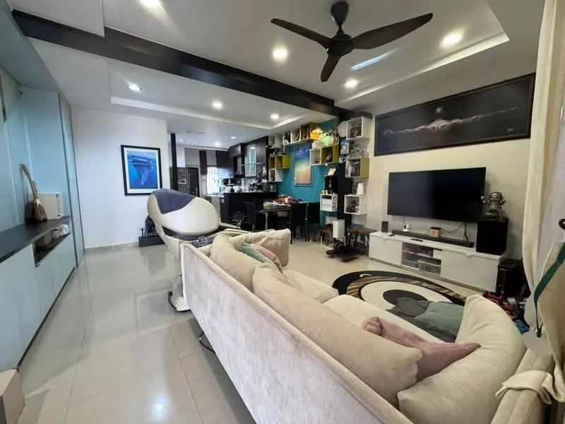 Living features: 3-seater fabric sofa in beige, area rug with circular pattern, wall-mounted TV, TV console with storage, ceiling fan with light, recessed downlights, decorative wall art, open shelving with decorative items, glass coffee table, dining table with chairs visible in background, kitchen area visible in background; style: modern.