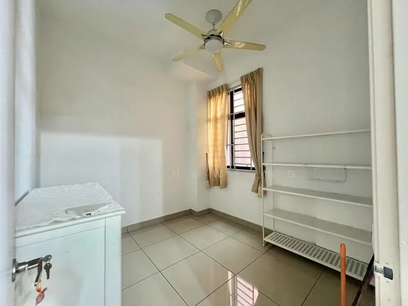 Room features: white painted walls, cream tiled flooring, 5-blade ceiling fan, window with sheer curtains, built-in shelving unit, light from window, corner of a white cabinet; style: minimalist.