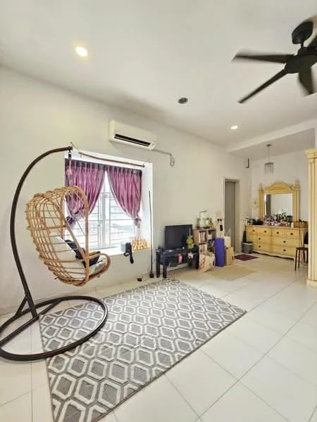 Room features: hanging rattan chair, white painted walls, ceiling fan, floor-to-ceiling window, purple curtains, TV console, decorative mirror, dressing table with drawers, area rug with geometric pattern, air conditioning unit, light-colored tiled flooring; style: modern; view: city.