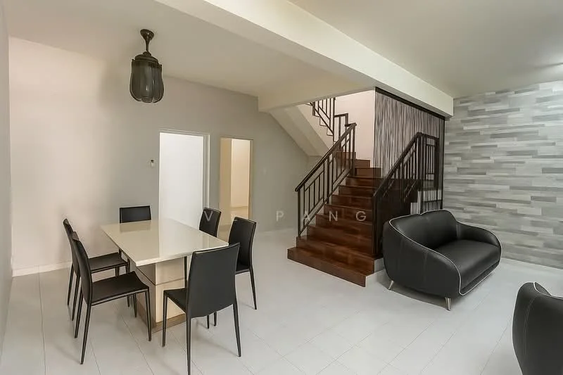 Dining features: white rectangular dining table, 4 black dining chairs, pendant light fixture, white tiled flooring, neutral painted walls; style: modern. Living features: black leather sofa, grey accent wall with stone cladding, white painted walls, white tiled flooring; style: modern. Staircase features: wooden staircase, black metal railing, neutral painted walls; style: modern.