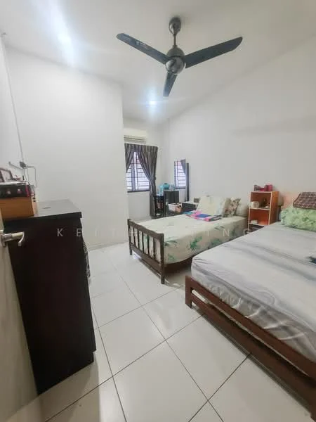 Bedroom features: white painted walls, tile flooring, 5-blade ceiling fan, two single beds, wooden bed frame, bedside table, window with curtains, built-in wardrobe, decorative pillows.