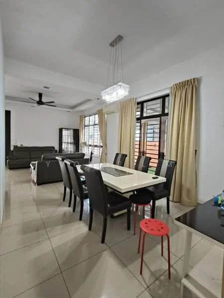 Dining features: 8-seater dining table with white top, black upholstered dining chairs, chandelier with crystal accents, cream curtains, polished ceramic tile flooring, 5-blade ceiling fan, wall-mounted TV, sofa in grey fabric; style: modern.