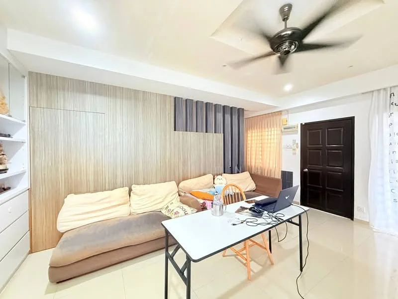 Living features: sofa with beige upholstery, wooden accent wall, grey paneling, ceiling fan, recessed ceiling lights, large window with sheer curtains, tile flooring, dining table with orange chair, decorative items on shelves, laptop on table; style: modern.