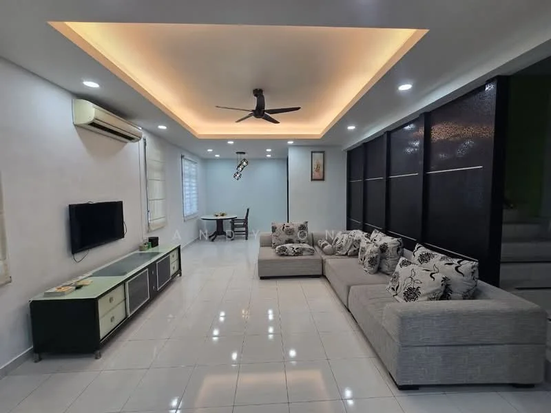 Living features: L-shape sectional sofa in light grey, decorative cushions with floral pattern, coffee table with storage, wall-mounted TV, white painted walls, recessed ceiling lights, 5-blade ceiling fan with light, glossy white tile flooring, large windows with sheer curtains, decorative wall art, air conditioning unit; style: modern.