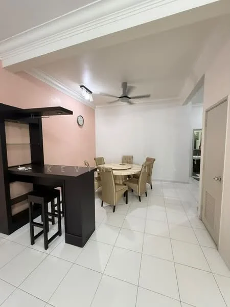 Dining features: round dining table, upholstered dining chairs, black bar counter, 3 high stools, white tiled flooring, pink painted accent wall, white walls, ceiling fan with light, wall clock; style: modern.