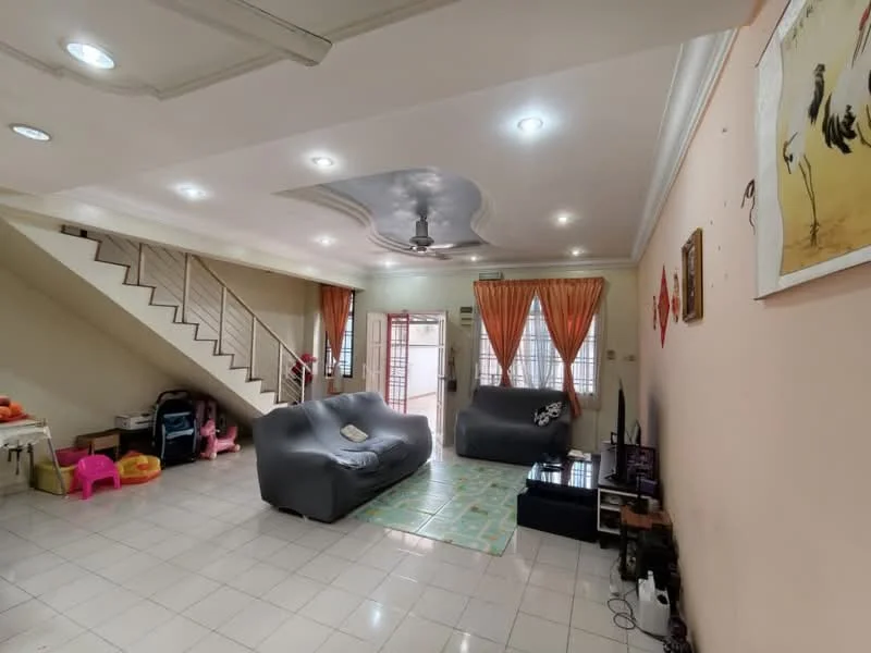 Living features: grey fabric 3-seater sofa, grey fabric 2-seater sofa, coffee table, TV console, wall-mounted TV, area rug with geometric pattern, white tiled flooring, recessed downlights, ceiling fan, decorative wall art, curtains in orange, staircase with wooden railing; style: modern.