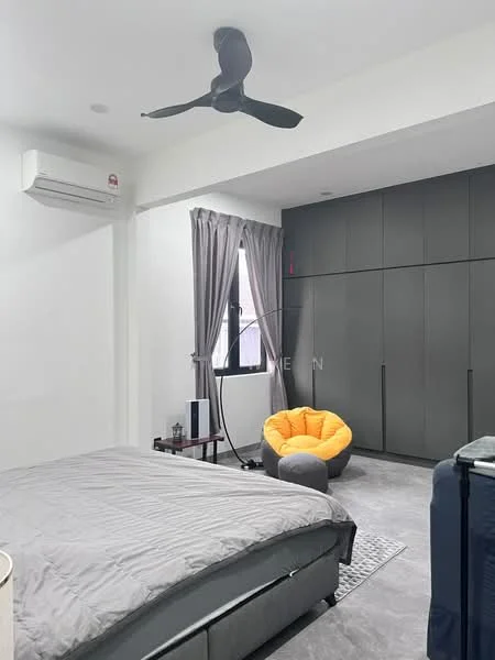 Bedroom features: king-size bed with grey bedding, black upholstered headboard, 2 bedside tables, floor-to-ceiling wardrobe in dark grey, yellow bean bag chair, grey tile flooring, 1 wall-mounted split AC, curtains in light grey, ceiling fan with 3 blades, window with view to the outside; style: modern.