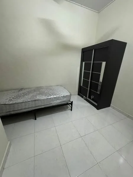 Bedroom features: single bed frame with mattress, black sliding door wardrobe with mirror, white tiled flooring, cream painted walls, ceiling light fixture; style: modern.