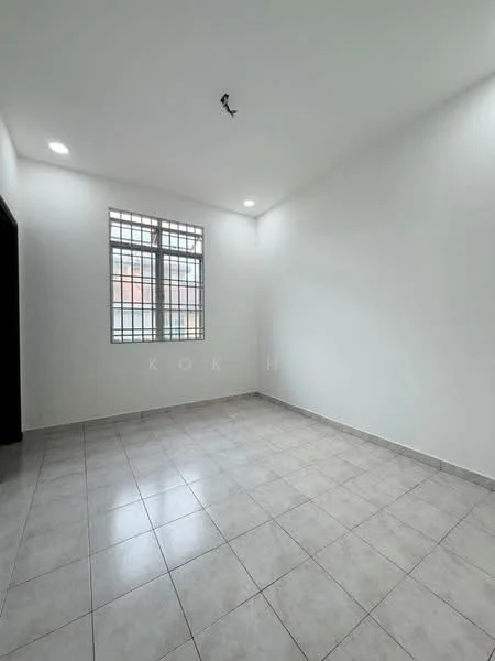 Room features: white painted walls, tile flooring, square ceiling lights, grill window, neutral color scheme.