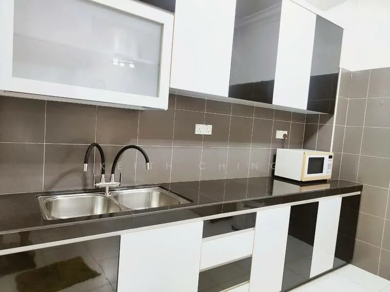 Kitchen features: double-bowl stainless-steel sink, chrome pull-down faucet, black granite countertop, white and black cabinetry, built-in microwave, wall-mounted cabinets, grey tiled backsplash, white tiled flooring, under-cabinet lighting; style: modern.