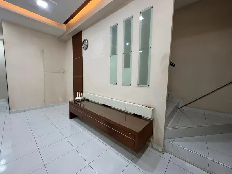 Room features: white tiled flooring, cream painted walls, wooden console unit, wall clock, glass wall panels, staircase with metal railing, recessed ceiling lights, crown moulding; style: modern.