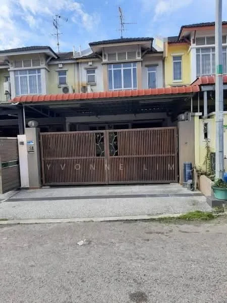 Exterior type: linked terrace house; features: wooden slatted gate, grey stone-paved driveway, two-storey facade, cream painted facade, red tiled roof, multiple air conditioning units visible, front garden area with potted plants, windows with white frames, covered car porch; style: modern.