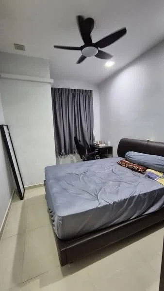 Bedroom features: queen-size bed, upholstered headboard, grey bedding, 2 bedside lamps, study desk, chair, floor-to-ceiling window, grey curtains, light-colored tiled flooring, 5-blade ceiling fan with light, wall-mounted mirror; style: modern.