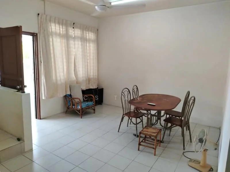 Dining features: white painted walls, tile flooring, round dining table, metal dining chairs, wooden armchair, floor fan, curtains, door leading outside.