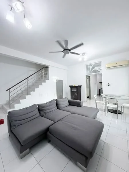 Living features: L-shape sectional sofa in grey, white painted walls, white tiled flooring, 5-blade ceiling fan, recessed downlights, glass dining table, 4 dining chairs, air conditioning unit, staircase with metal railing, decorative wall feature; style: modern.