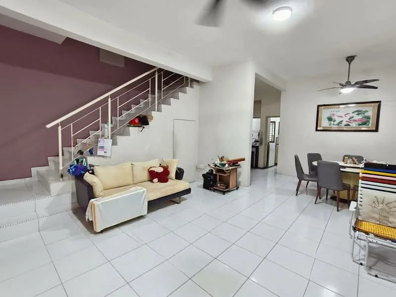 Living features: cream fabric sofa, white throw blanket, white tiled flooring, ceiling fan with light, wall-mounted artwork, staircase with metal railing, open layout to dining area, decorative plants, coffee table, area rug; style: modern. Dining features: dining table for six, upholstered dining chairs, wall-mounted artwork, white tiled flooring; style: modern.