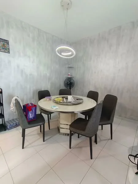Dining features: round dining table, 6 upholstered dining chairs in grey, pendant light fixture, light grey painted walls, white tiled flooring, wall-mounted fan; style: modern.