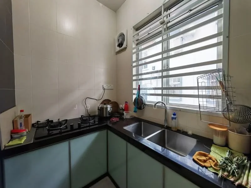 Kitchen features: black granite countertop, green cabinetry, double-bowl stainless-steel sink, chrome pull-down faucet, 4-burner gas hob, exhaust fan, window with horizontal blinds, wall-mounted storage rack, kitchen utensils, dish soap dispenser, cleaning cloths; style: modern.