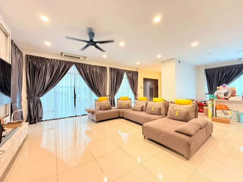 Living features: 5-blade ceiling fan with light, floor-to-ceiling windows, sheer curtains, dark grey drapes, cream painted walls, glossy tile flooring, L-shape sectional sofa in beige, yellow accent cushions, TV console, wall-mounted TV, decorative items on shelves, open layout to kitchen area; style: modern.