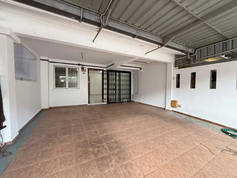 Room features: grey tiled flooring, white painted walls, metal roof, large sliding door, window with security bars, exposed ceiling beams, outdoor access, light fixtures, corner drainage, wall-mounted hose reel; style: modern.