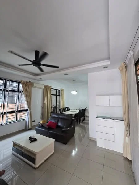 Living features: 5-blade ceiling fan with light, white painted walls, glossy tile flooring, sofa in dark leather, coffee table, dining table with multiple chairs, large windows with sheer curtains, recessed lighting, built-in cabinetry, neutral color palette; style: modern.