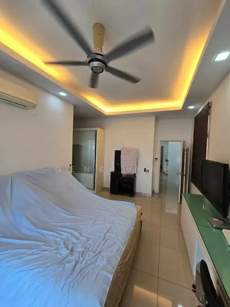 Bedroom features: king-size bed with white bedding, 5-blade ceiling fan with light, recessed LED lighting, cream painted walls, glossy tile flooring, wall-mounted TV, green countertop, built-in wardrobe, air conditioning unit; style: modern.