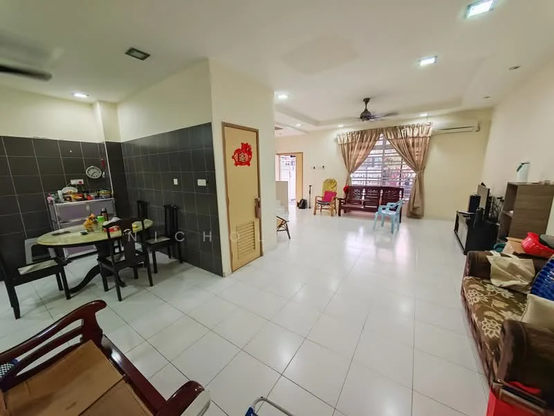 Living features: white painted walls, white tiled flooring, ceiling fan, sofa, coffee table, TV console, wall-mounted TV, area rug, large windows, natural light, open layout; style: modern. Dining features: black dining table, 4 dining chairs, kitchenette area, grey tiled backsplash, kitchen appliances visible; style: modern.