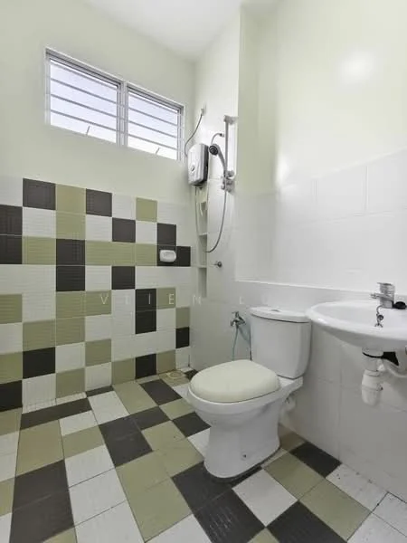 Bathroom features: white toilet, chrome basin mixer faucet, white sink, shower with wall-mounted showerhead, green and black tiled walls, white tiled walls, checkerboard floor tiles in black and white, small window for natural light; style: modern.